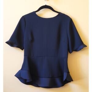 Peplum Flared Structured Tailored Short Sleeve Blouse Black Size Small
